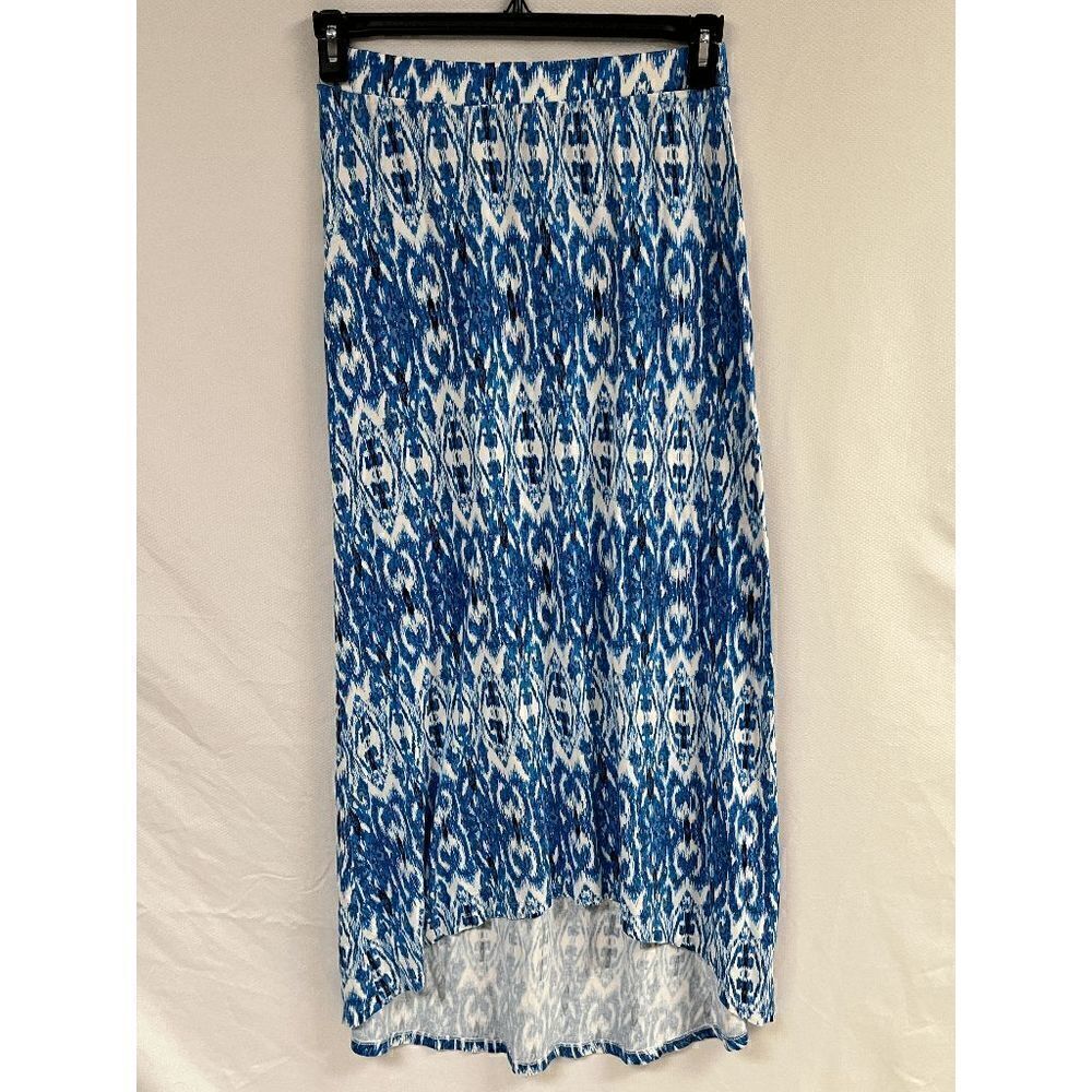 Dalia Collection Women's A Line Midi Blue White Ikat Hi-Low Pull On Shirt Small